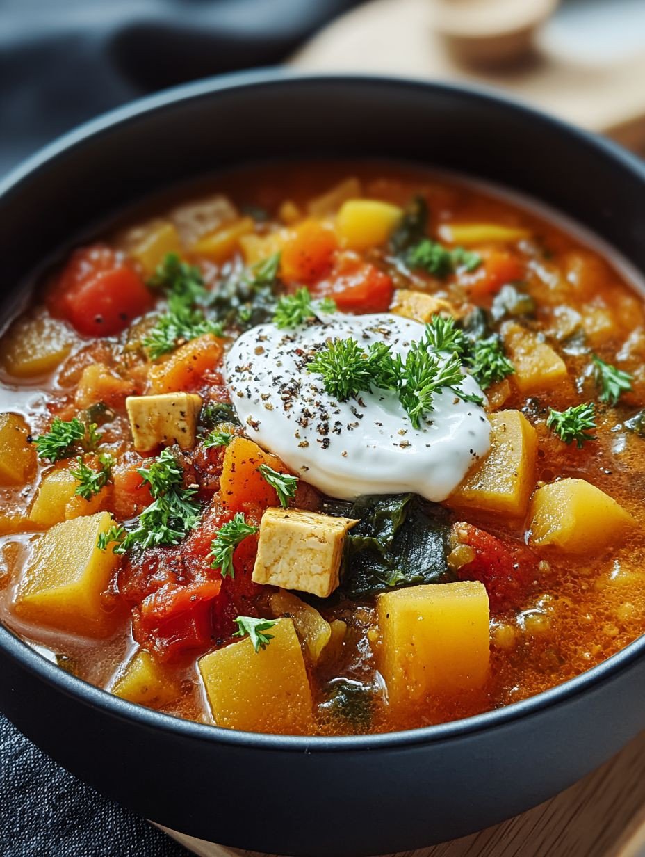 Herzhafter vegetarischer Gemüseeintopf mit Tofu. image 2